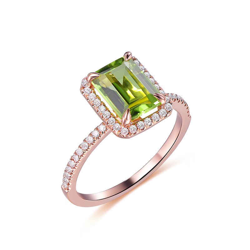 Emerald Cut Peridot Diamond Halo Engagement Ring 14K White Gold - Lord of Gem Rings