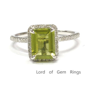 Emerald Cut Peridot Diamond Halo Engagement Ring 14K White Gold - Lord of Gem Rings