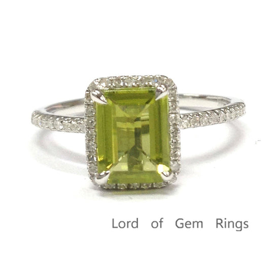 Emerald Cut Peridot Diamond Halo Engagement Ring 14K White Gold