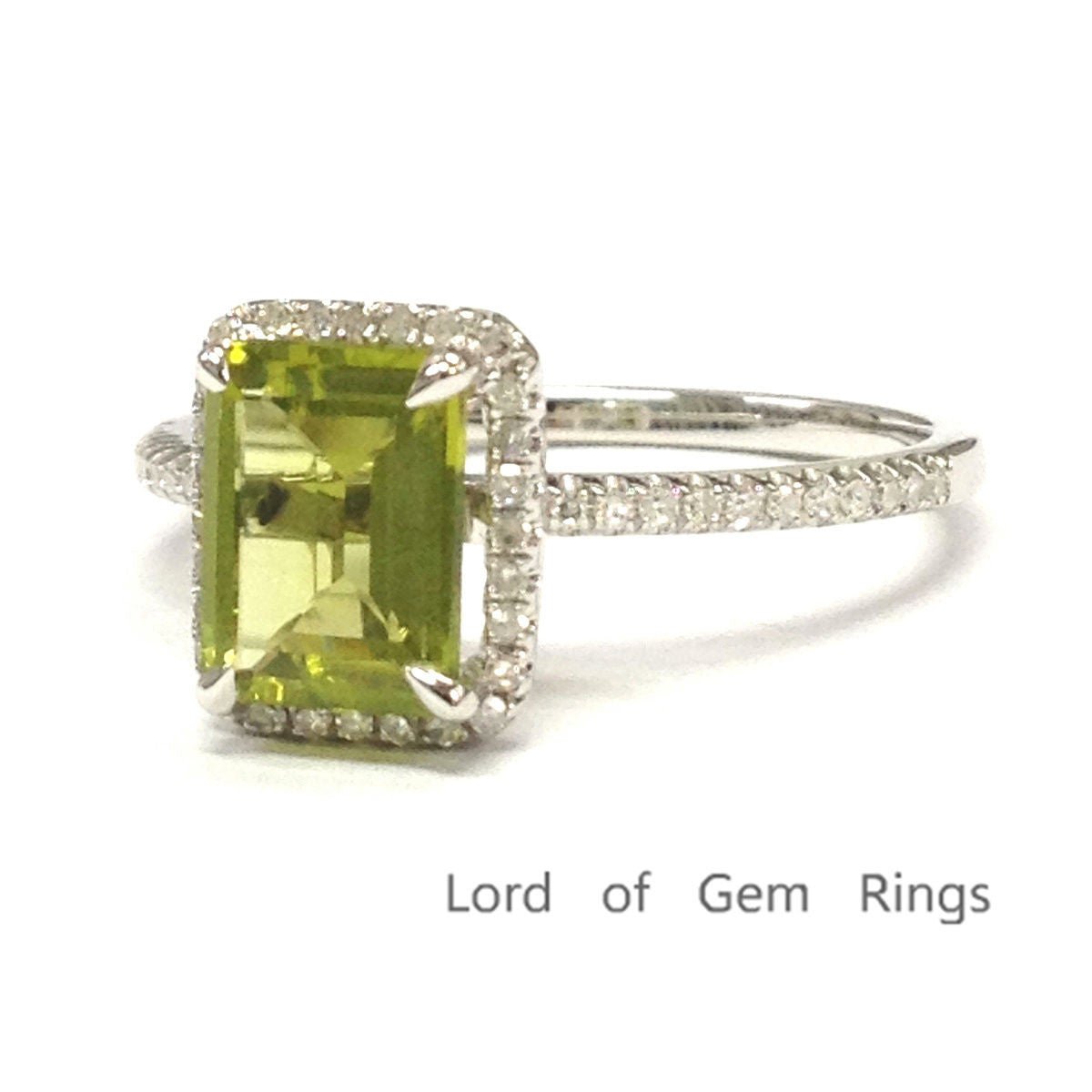 Emerald Cut Peridot Diamond Halo Engagement Ring 14K White Gold - Lord of Gem Rings