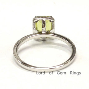 Emerald Cut Peridot Diamond Halo Engagement Ring 14K White Gold - Lord of Gem Rings