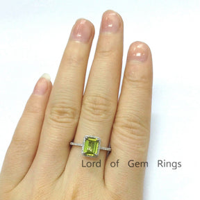 Emerald Cut Peridot Diamond Halo Engagement Ring 14K White Gold - Lord of Gem Rings