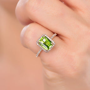 Emerald Cut Peridot Diamond Halo Engagement Ring - Lord of Gem Rings