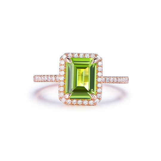 Emerald Cut Peridot Diamond Halo Engagement Ring