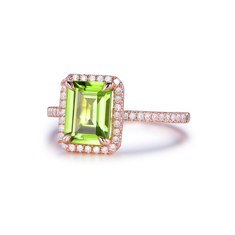 Emerald Cut Peridot Diamond Halo Engagement Ring - Lord of Gem Rings