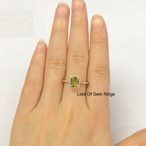 Emerald Cut Peridot Diamond Halo Engagement Ring - Lord of Gem Rings