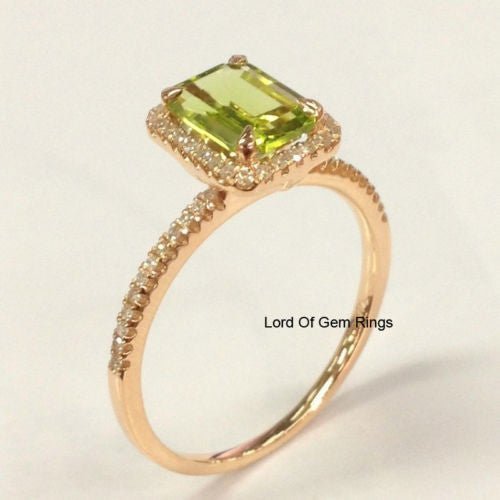 Emerald Cut Peridot Diamond Halo Engagement Ring - Lord of Gem Rings
