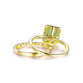 Emerald Cut Peridot Ring Amethyst Wedding Band Bridal Set 14K Gold - Lord of Gem Rings