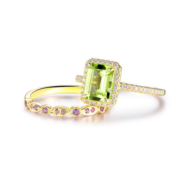 Emerald Cut Peridot Ring Amethyst Wedding Band Bridal Set 14K Gold - Lord of Gem Rings