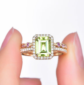 Emerald Cut Peridot Ring Amethyst Wedding Band Bridal Set 14K Gold - Lord of Gem Rings