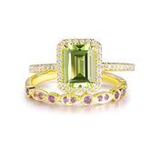 Emerald Cut Peridot Ring Amethyst Wedding Band Bridal Set 14K Gold - Lord of Gem Rings