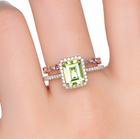 Emerald Cut Peridot Ring Amethyst Wedding Band Bridal Set 14K Gold - Lord of Gem Rings