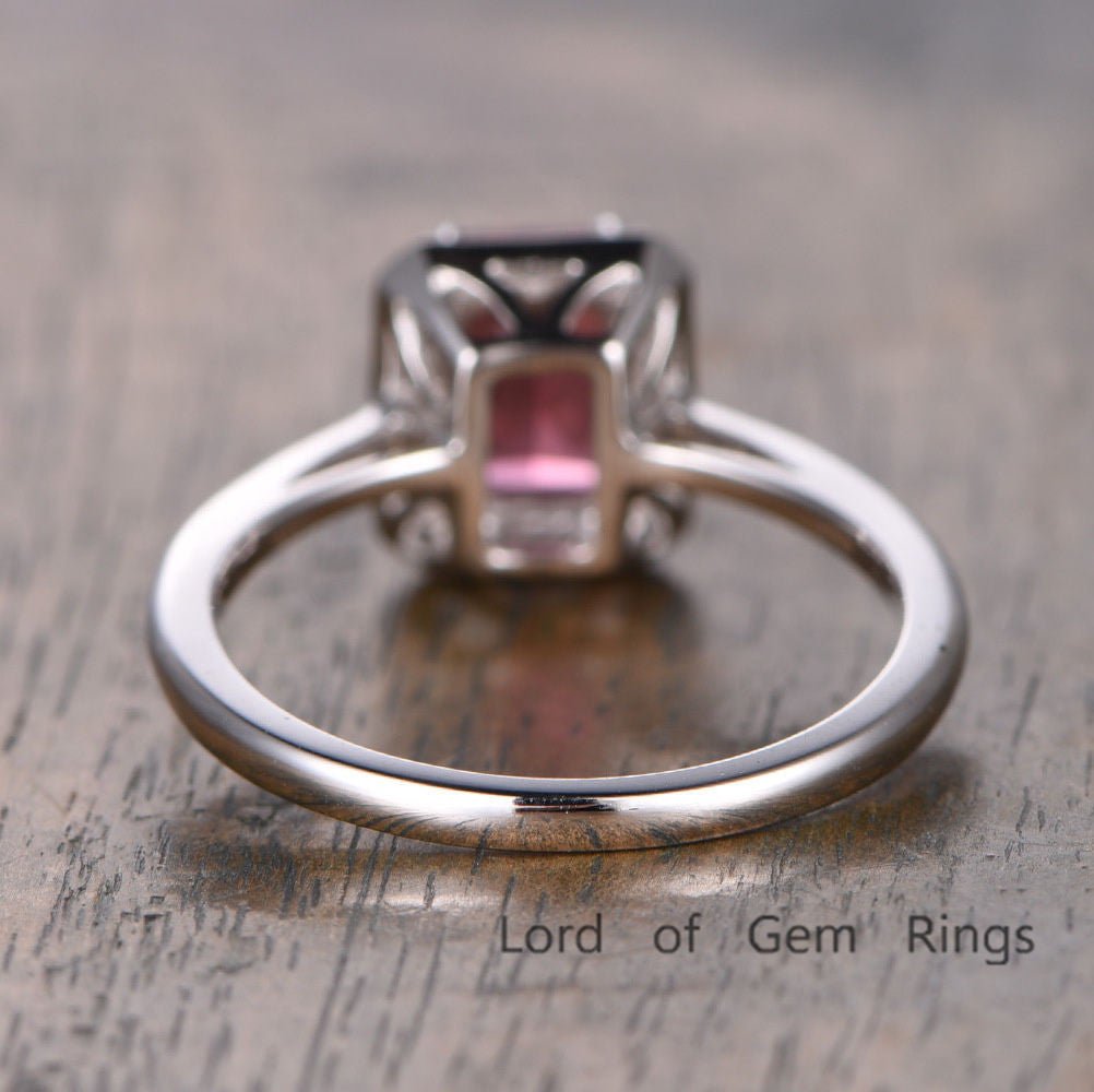 Emerald Cut Pink Tourmaline Diamond Halo Engagement Ring - Lord of Gem Rings