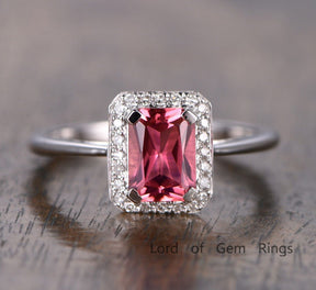 Emerald Cut Pink Tourmaline Diamond Halo Engagement Ring - Lord of Gem Rings