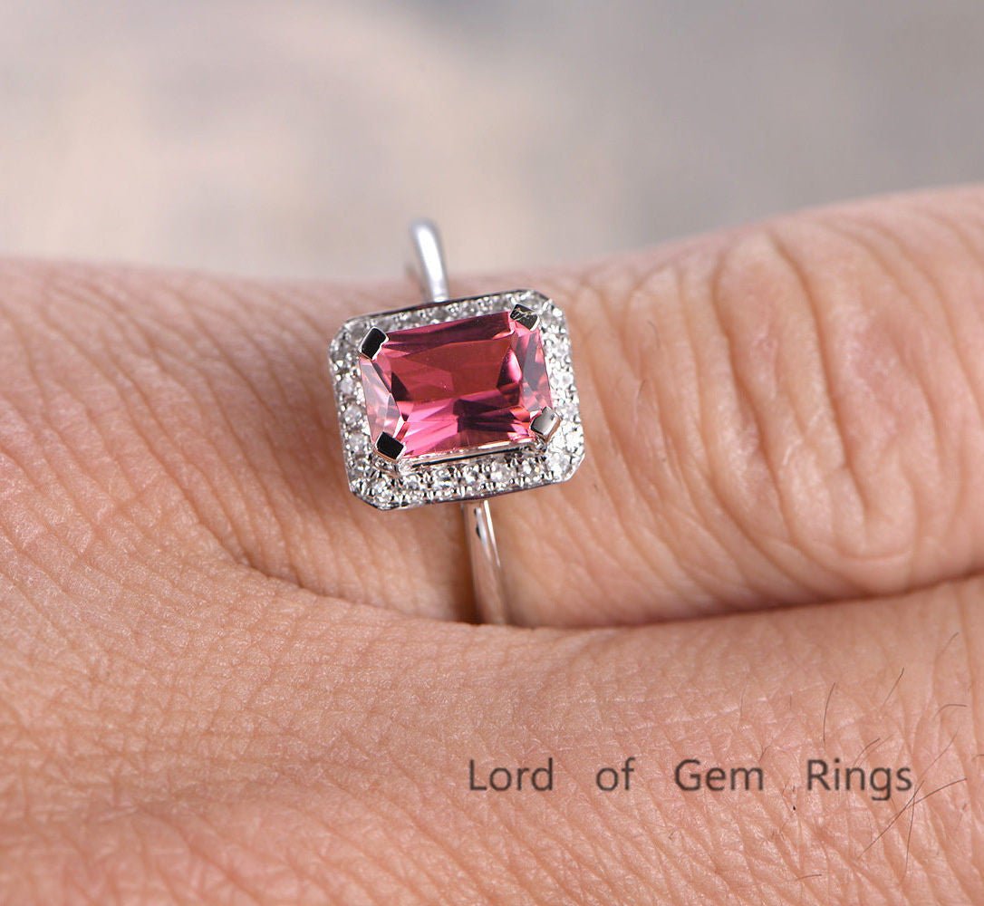 Emerald Cut Pink Tourmaline Diamond Halo Engagement Ring - Lord of Gem Rings
