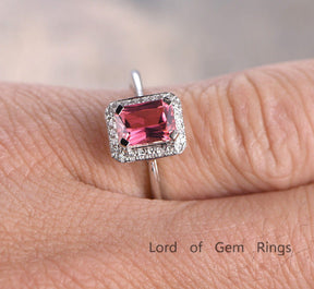 Emerald Cut Pink Tourmaline Diamond Halo Engagement Ring - Lord of Gem Rings