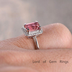 Emerald Cut Pink Tourmaline Diamond Halo Engagement Ring - Lord of Gem Rings