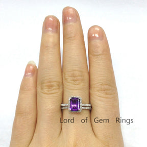Emerald Cut Purple Amethyst Diamond Bridal Ring Set 14K White Gold - Lord of Gem Rings