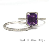Emerald Cut Purple Amethyst Diamond Bridal Ring Set 14K White Gold - Lord of Gem Rings