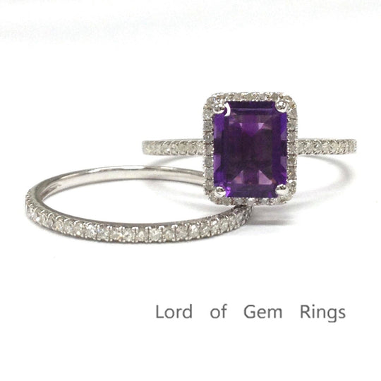 Emerald Cut Purple Amethyst Diamond Bridal Ring Set 14K White Gold