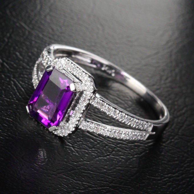 Emerald Cut Purple Amethyst Diamond Split Shank Ring - Lord of Gem Rings