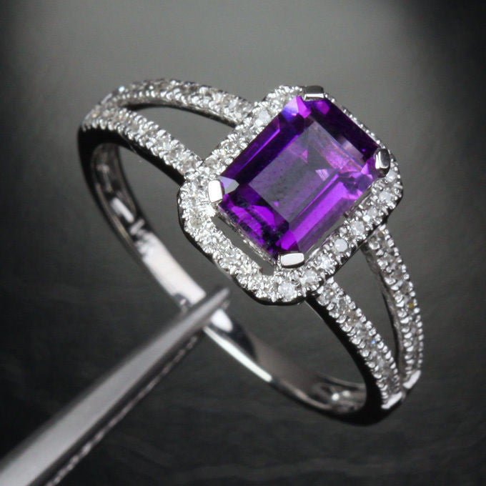 Emerald Cut Purple Amethyst Diamond Split Shank Ring - Lord of Gem Rings