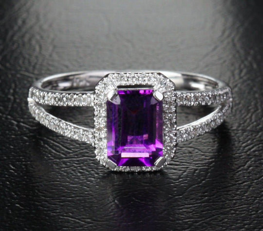 Emerald Cut Purple Amethyst Diamond Split Shank Ring