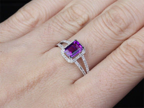 Emerald Cut Purple Amethyst Diamond Split Shank Ring - Lord of Gem Rings
