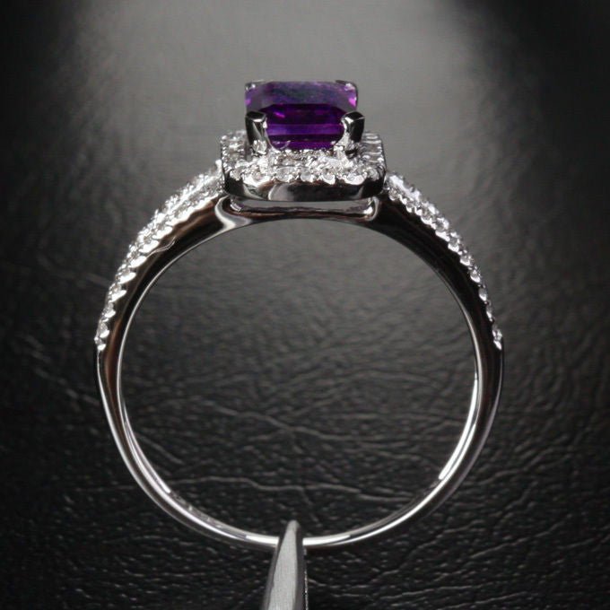 Emerald Cut Purple Amethyst Diamond Split Shank Ring - Lord of Gem Rings