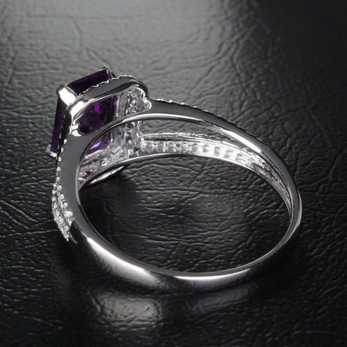 Emerald Cut Purple Amethyst Diamond Split Shank Ring - Lord of Gem Rings