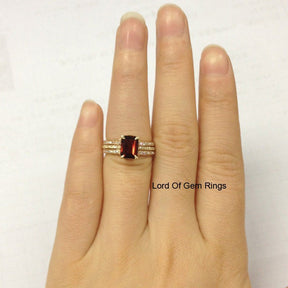 Emerald Cut Red Garnet Diamond Contour Trio Bridal Set - Lord of Gem Rings