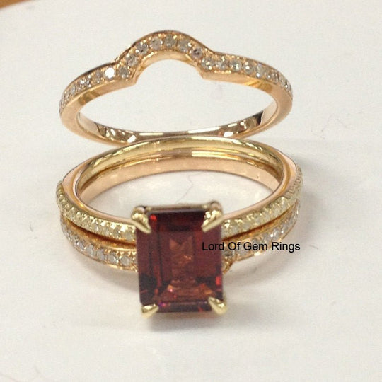 Emerald Cut Red Garnet Diamond Contour Trio Bridal Set