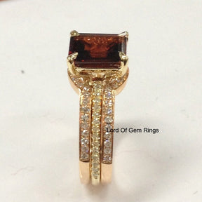 Emerald Cut Red Garnet Diamond Contour Trio Bridal Set - Lord of Gem Rings