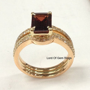 Emerald Cut Red Garnet Diamond Contour Trio Bridal Set - Lord of Gem Rings