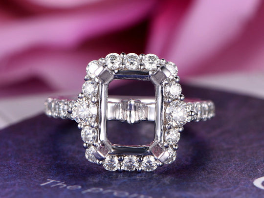 Emerald Cut Semi Mount Ring Moissanite Halo