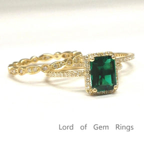 Emerald Ring Trio Set Art Deco Diamond Full Eternity Matching Band - Lord of Gem Rings