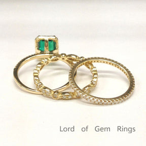 Emerald Ring Trio Set Art Deco Diamond Full Eternity Matching Band - Lord of Gem Rings