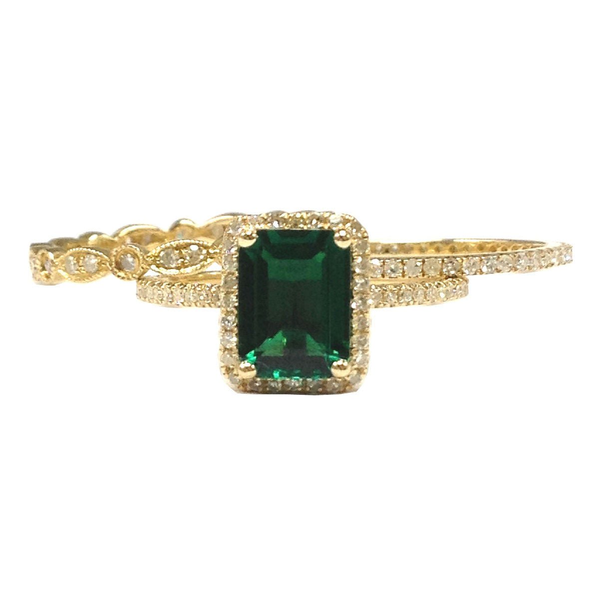 Emerald Ring Trio Set Art Deco Diamond Full Eternity Matching Band - Lord of Gem Rings