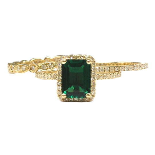 Emerald Ring Trio Set Art Deco Diamond Full Eternity Matching Band