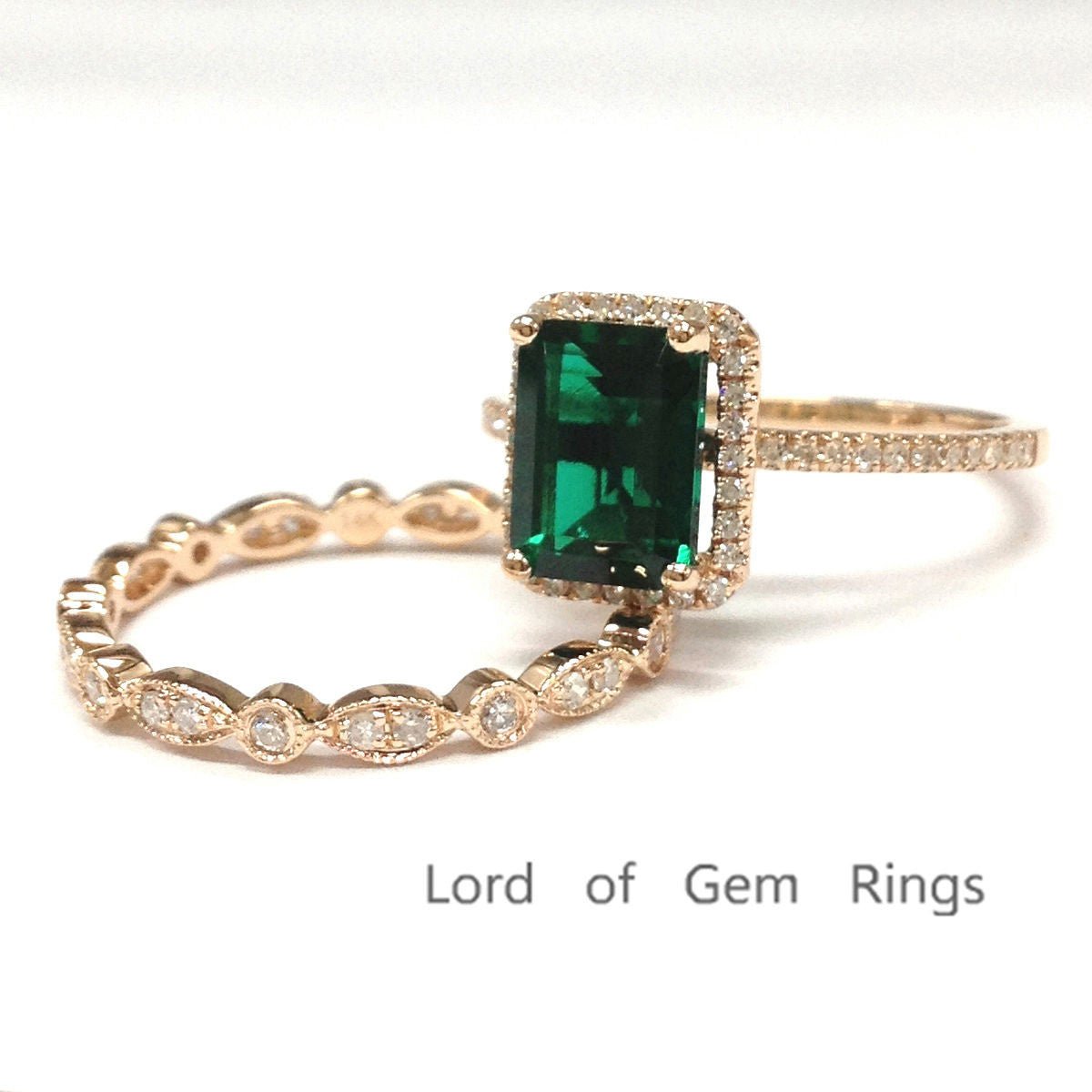 Emerald Shape Bridal Ring Set with Full Eternity Art Deco Diamond Band - Lord of Gem Rings