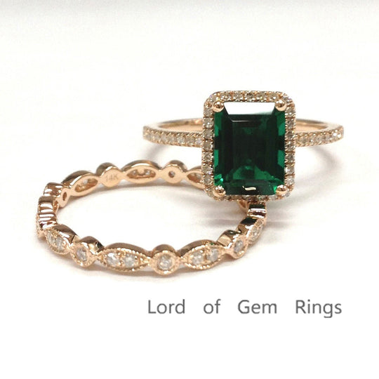 Emerald Shape Bridal Ring Set with Full Eternity Art Deco Diamond Band