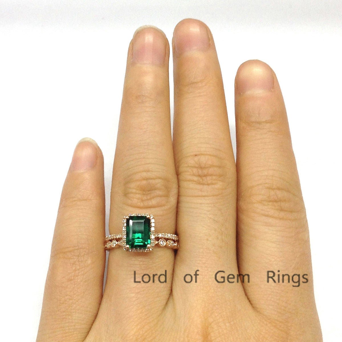 Emerald Shape Bridal Ring Set with Full Eternity Art Deco Diamond Band - Lord of Gem Rings