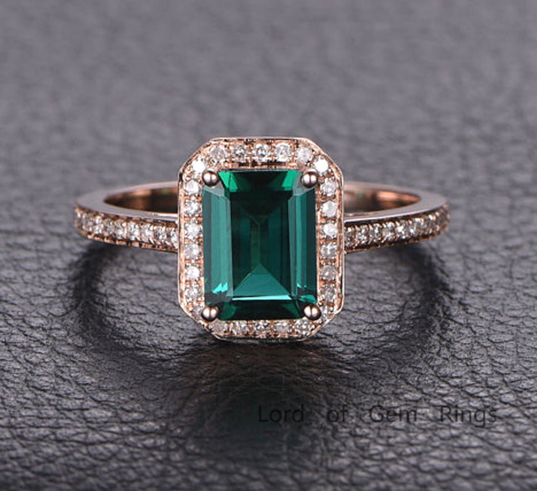 Emerald Shape Emerald Cathedral Ring with Diamond Accents Halo - Lord of Gem Rings