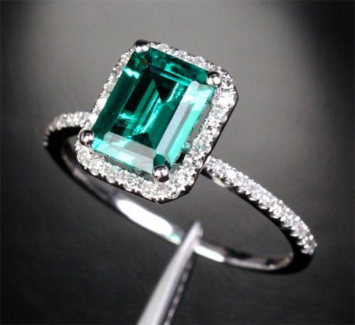 Emerald Shape Emerald Diamond Accents Halo Engagement Ring