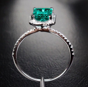 Emerald Shape Emerald Diamond Accents Halo Engagement Ring - Lord of Gem Rings