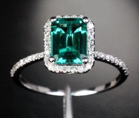 Emerald Shape Emerald Diamond Accents Halo Engagement Ring - Lord of Gem Rings