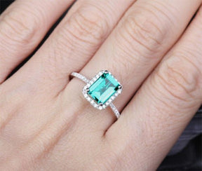 Emerald Shape Emerald Diamond Accents Halo Engagement Ring - Lord of Gem Rings