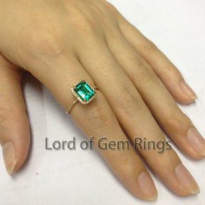 Emerald Shape Emerald Diamond Halo Engagement Ring-Claw Prong - Lord of Gem Rings
