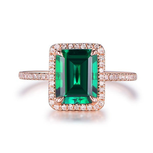 Emerald Shape Emerald Diamond Halo Engagement Ring-Claw Prong