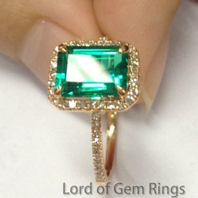 Emerald Shape Emerald Diamond Halo Engagement Ring-Claw Prong - Lord of Gem Rings